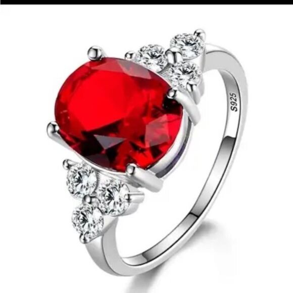 925 Sterling Silver Ruby Diamond CZ Embellished Ring New In Gift Box Size 7 - Picture 3 of 3